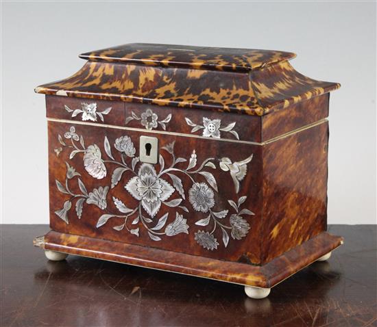 An early Victorian tortoiseshell and floral mother of pearl inlaid two division tea caddy, 7.5in.